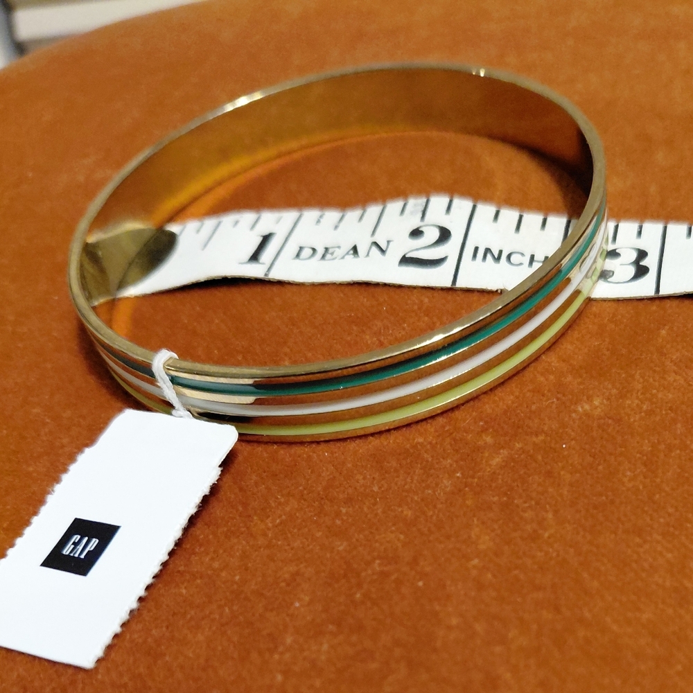 GAP Enamel Bangle Green Light Green White Stripes NWT Gold Tone Vintage 8" Med